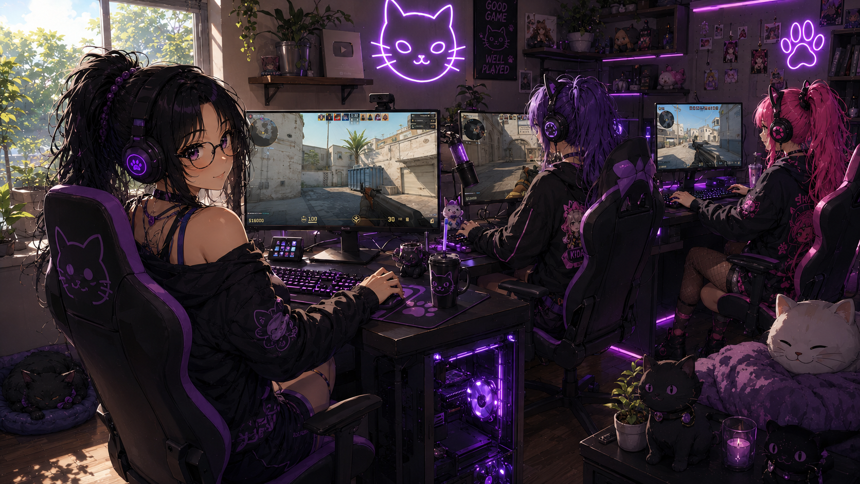 C4TM30W gaming room with purple and silver CatMeow styling